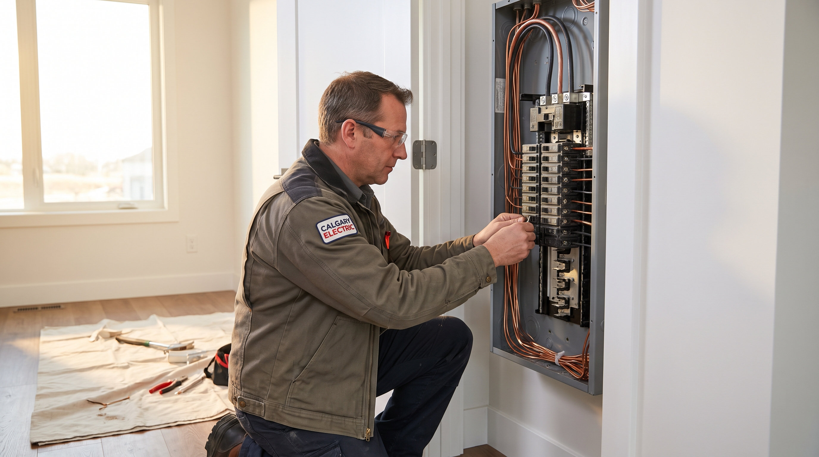 A new 200A residential electrical panel with labeled breakers and clean conduit work