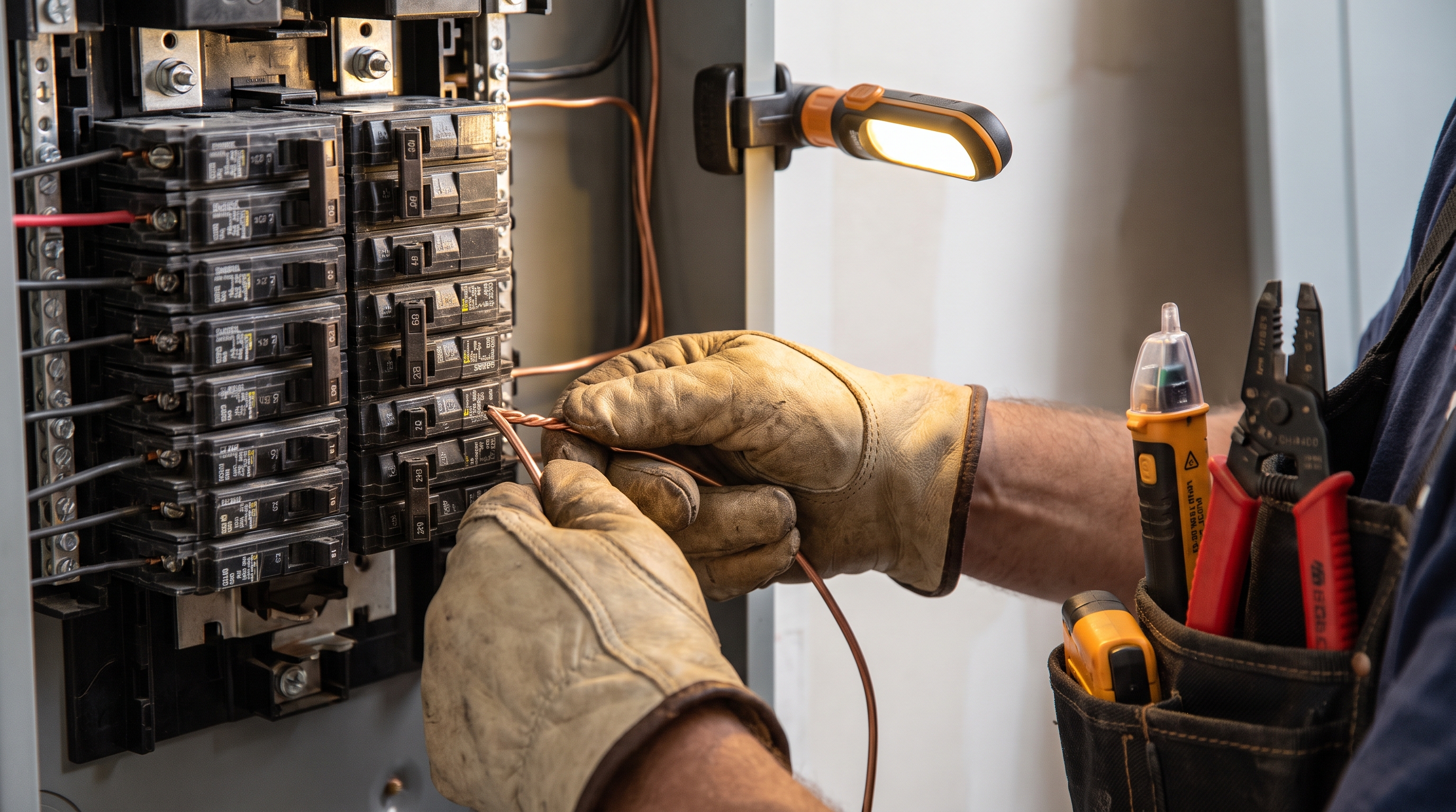 A finished residential electrical panel with new breakers labeled and a recent meter base installation